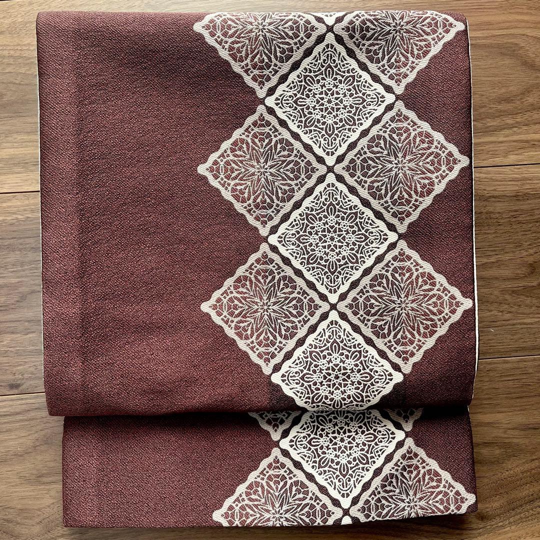 新品未使用◆京袋帯 焦赤茶色 スクエアレース模様