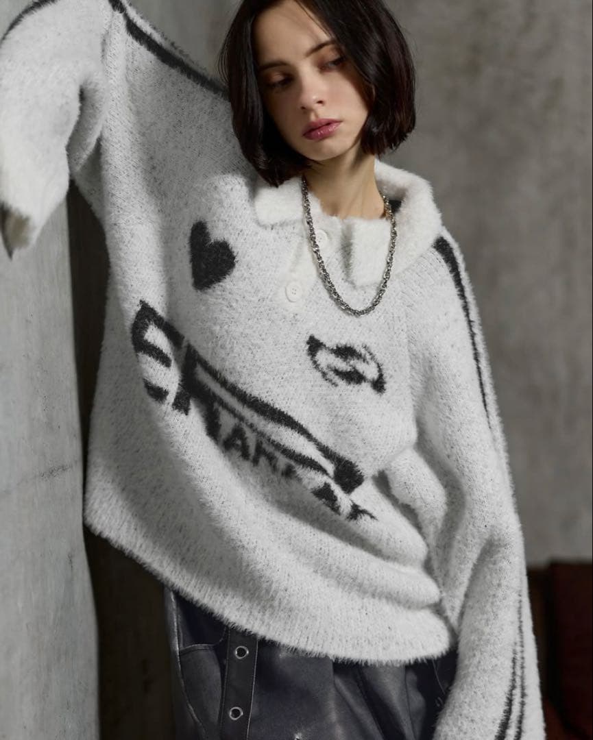 ERAR オーバーサイズショート丈ハートロゴゲームニットポロシャツ