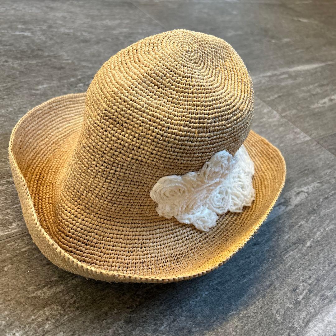 美品　アシーナニューヨーク　麦わら帽子　フラワーレースハット　花柄　白