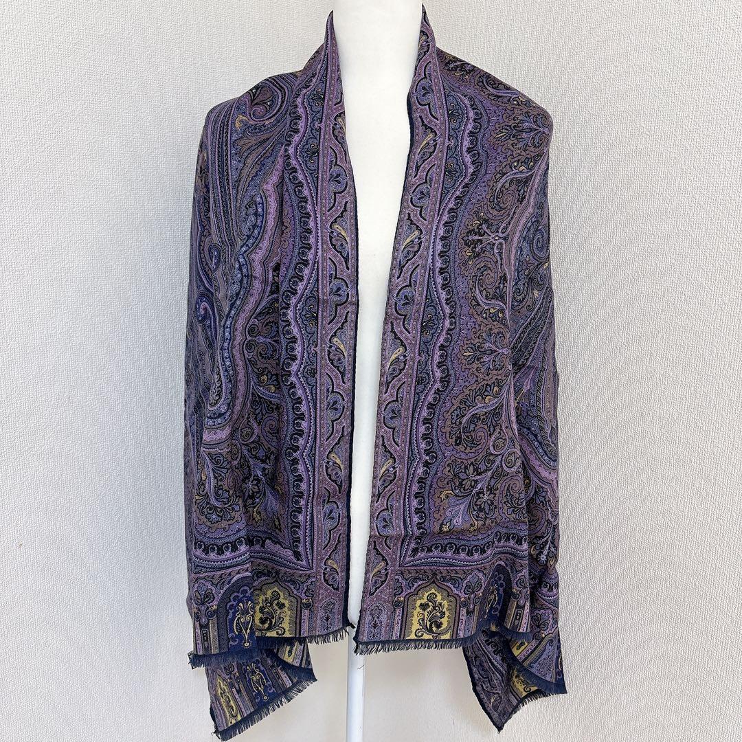 エトロ ストール ウールシルク混 ペイズリー イタリア製 パープル大判スカーフ