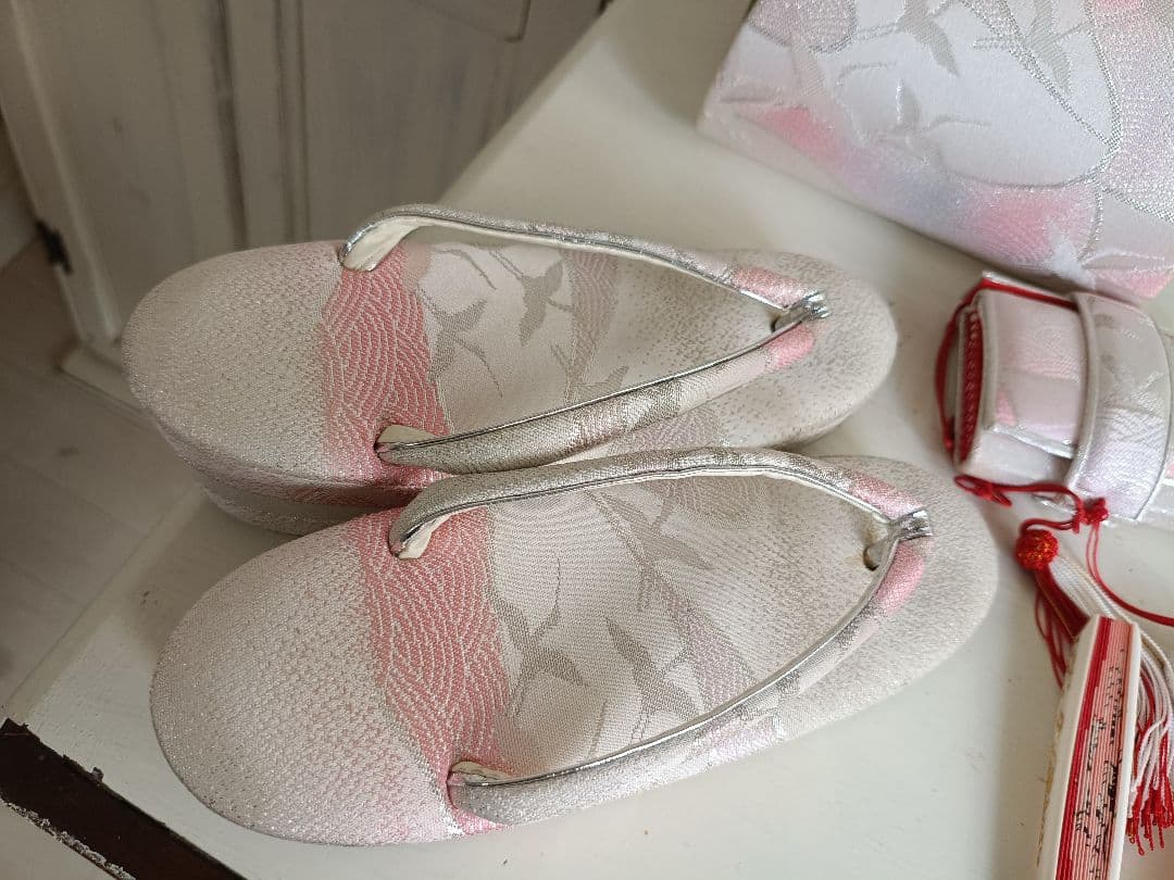 ☆白ブルーピンクに束ね熨斗の着物とキラキラ作り帯☆七五三７歳