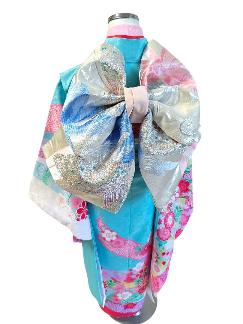 ☆白ブルーピンクに束ね熨斗の着物とキラキラ作り帯☆七五三７歳