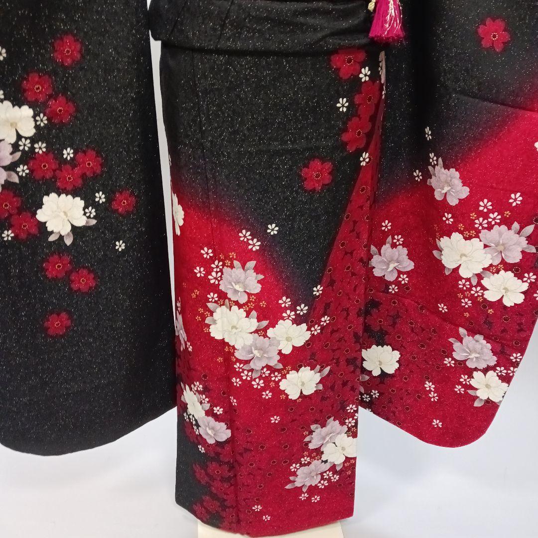 赤黒グラデーション　ラメ振袖フルセット