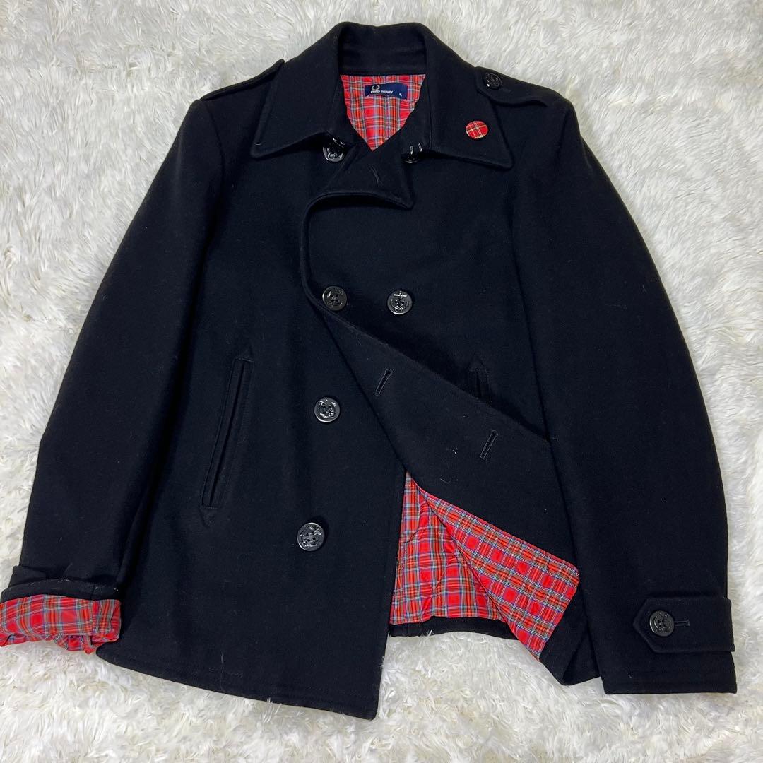 大きめ 美品✨️フレッドペリー Pコート 裏地 総柄 チェック XLダークネイビー