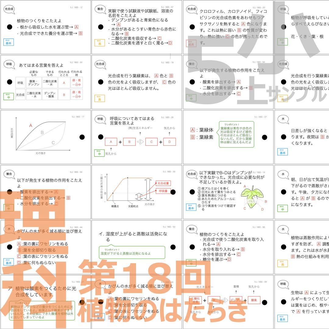 中学受験 暗記カード【5年上 理科11-19回】予習シリーズ 組み分けテスト対策
