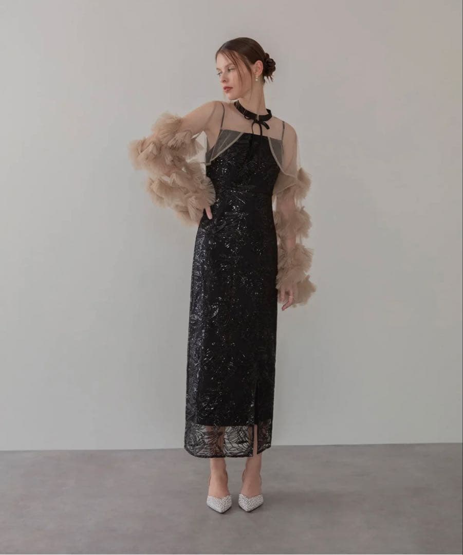 leja フリルチュールスリーブリボンIラインワンピースドレス パーティドレス