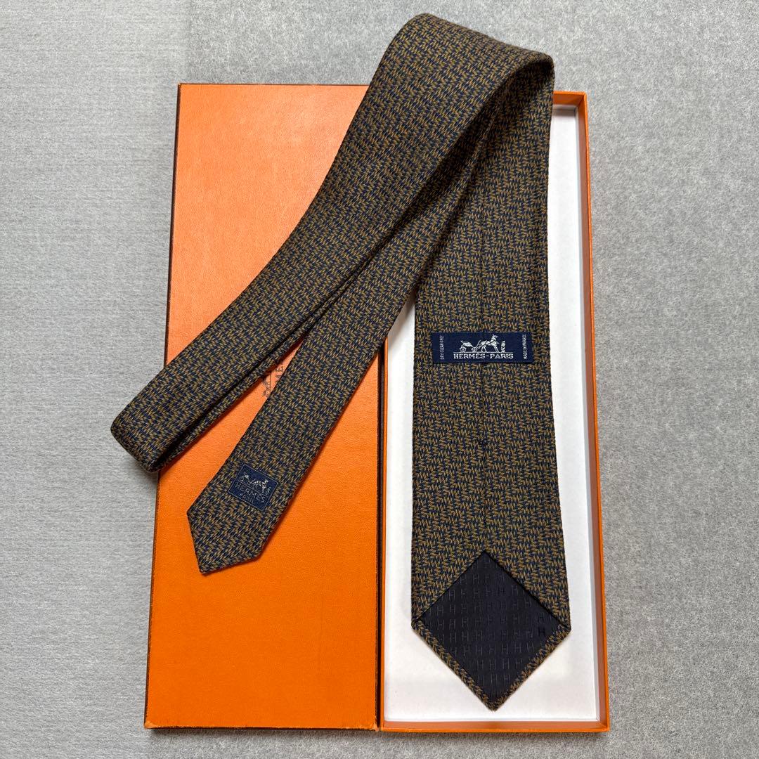 美品　エルメス　ネクタイ　茶色・紺　シルクウール　ジャガード