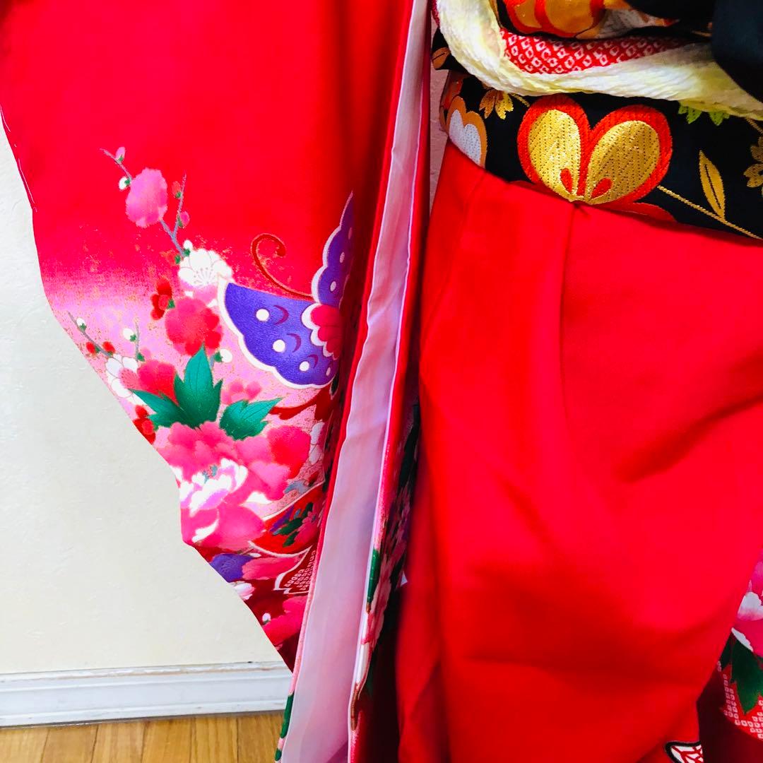 七五三七歳未使用着物‼️人気赤地暈し⭐︎御所車手毬花々煌びやか際立つ⭐︎安心フルセット
