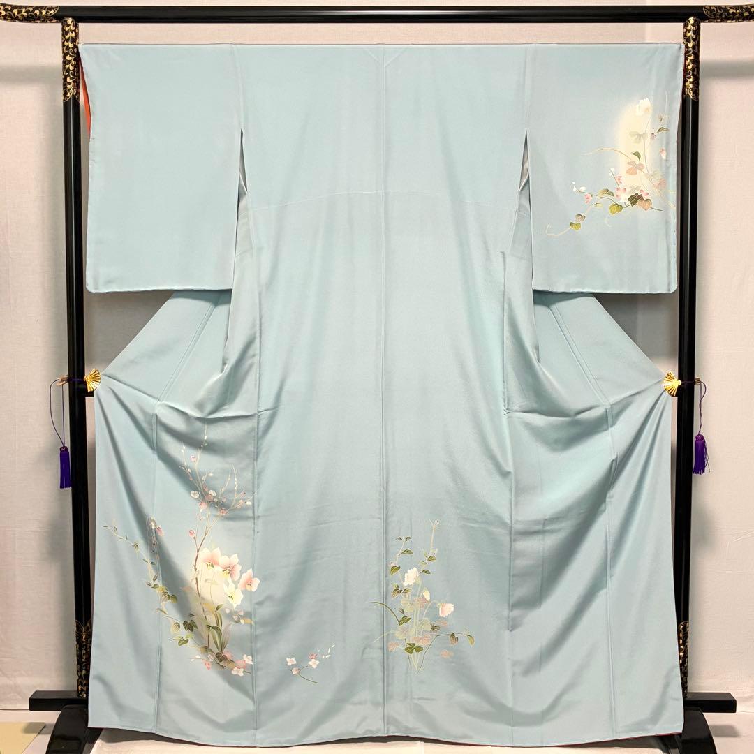 D227訪問着　手描き友禅　水色　花模様　正絹着物　袷　しつけ糸付き未使用極美品