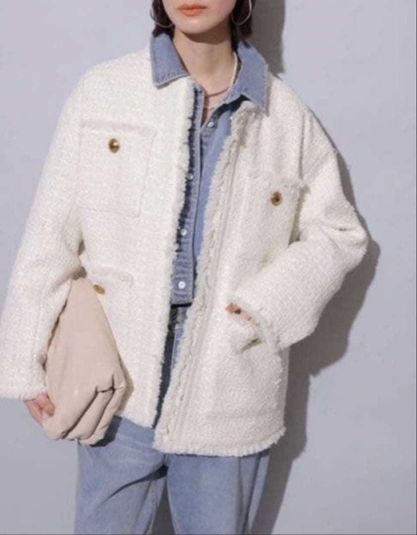 【Arpege story】ノーカラーツイードジャケット 白 M