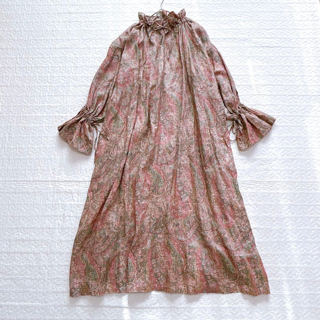 イチ ichi リネン100 ワンピース ペイズリー柄 フリル リボン ゆったり