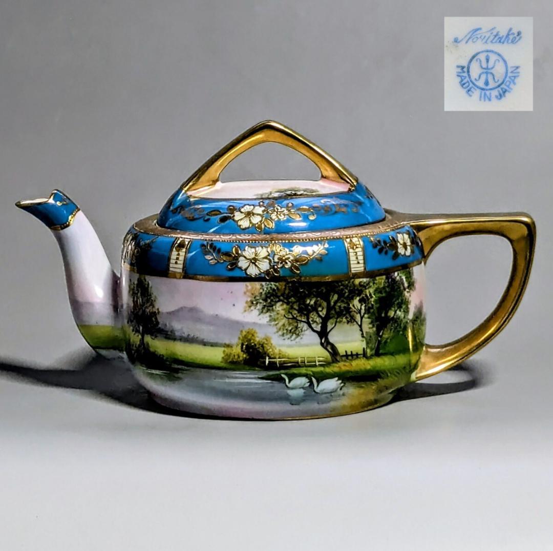 オールドノリタケ ポット ターコイズ 湖畔風景白鳥図 　金彩金盛上 有名パターン