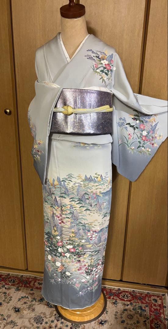 加賀調　手描き友禅訪問着　 落款　【武】ライトグレー草花文様 4点セット　裄長