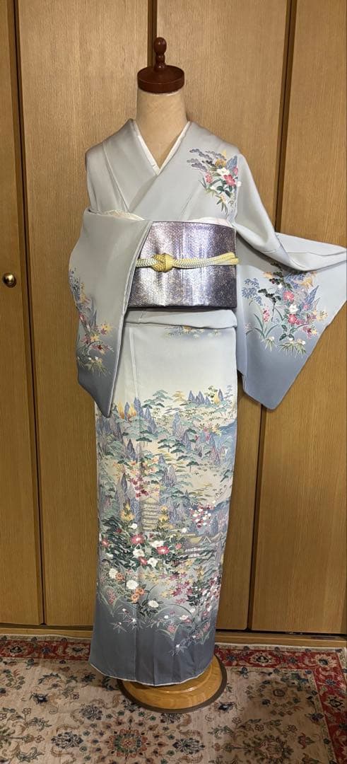 加賀調　手描き友禅訪問着　 落款　【武】ライトグレー草花文様 4点セット　裄長