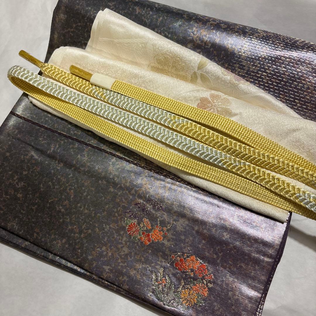 加賀調　手描き友禅訪問着　 落款　【武】ライトグレー草花文様 4点セット　裄長