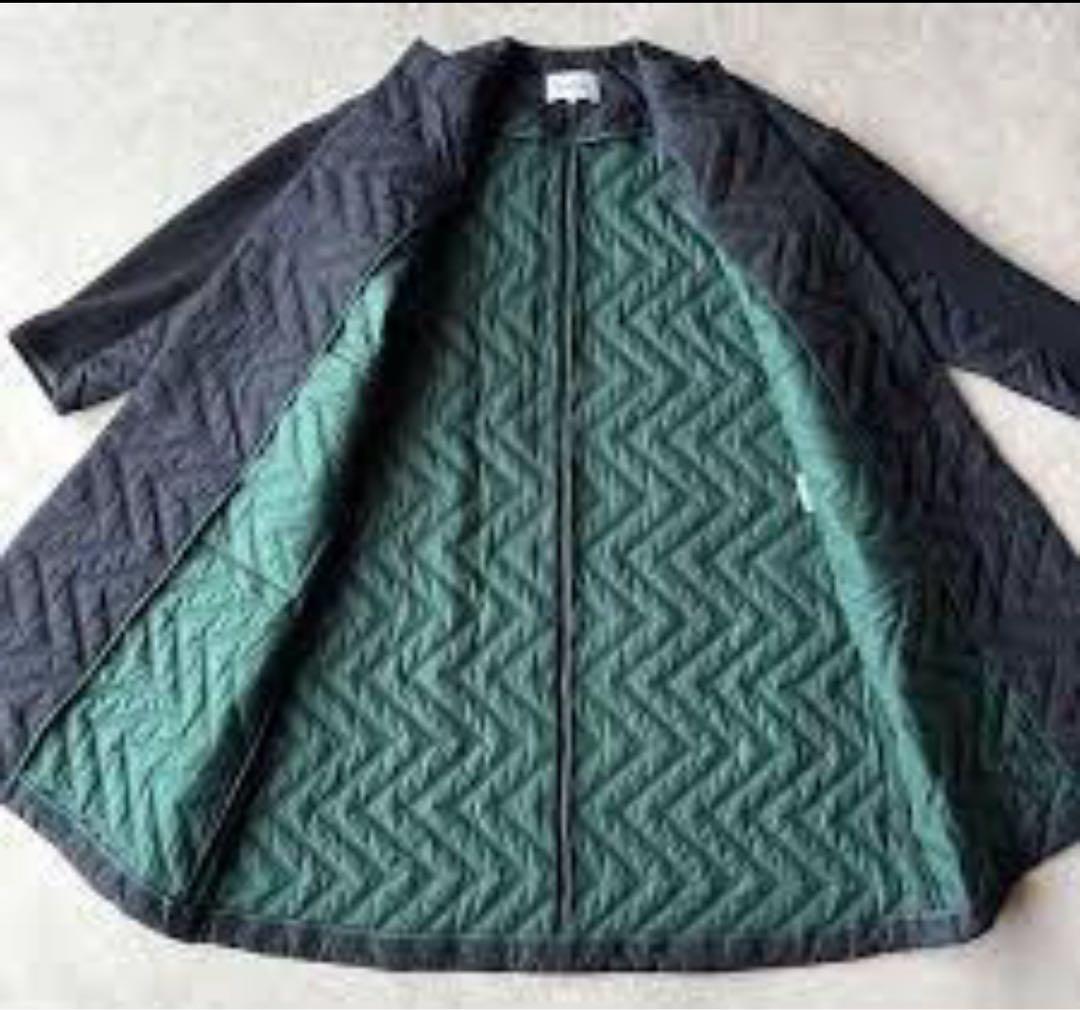 ENFOLD PEタフタ ノーカラーコート キルティング ネイビー✖️グリーン