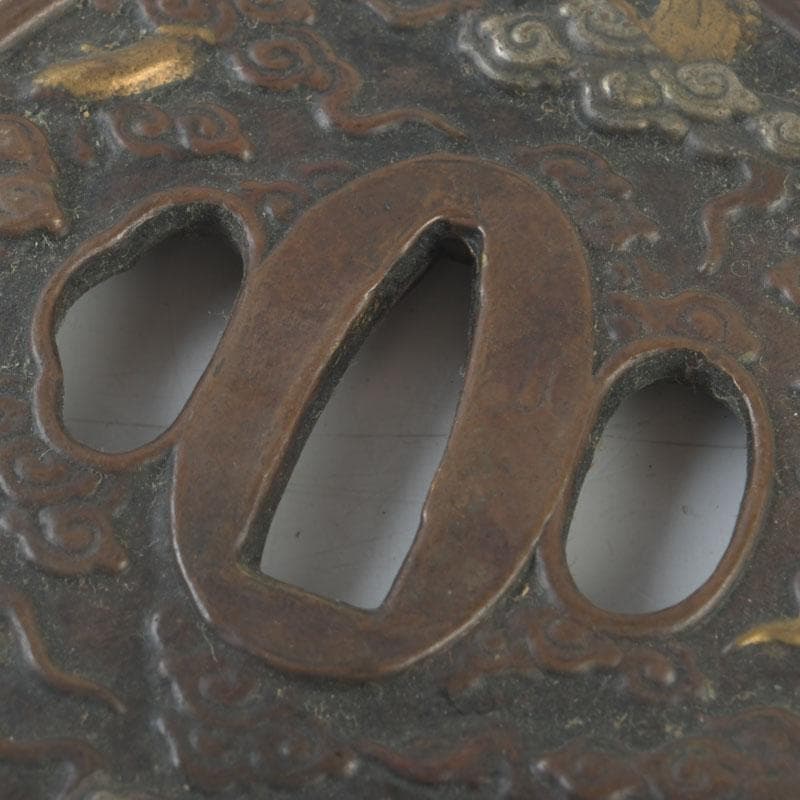 武具　刀装具　古銅　雲龍紋鍔　時代箱　C　9456