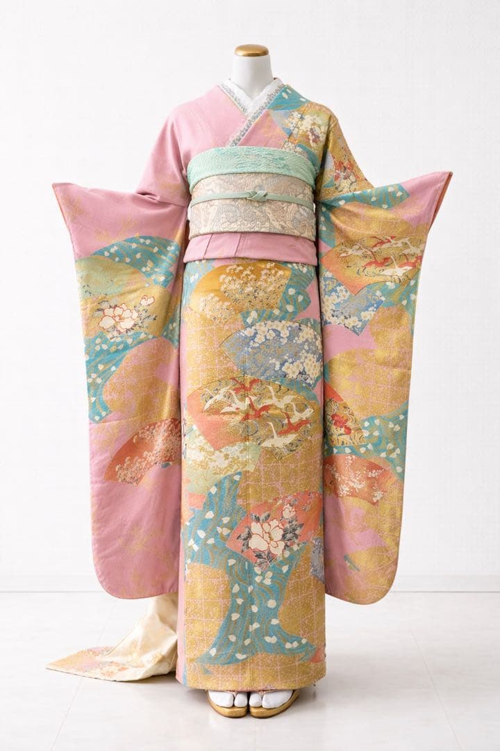 振袖フルセット6点サイズM〜Ｌ駒刺繍　地紙飛鶴花文　金彩　正絹