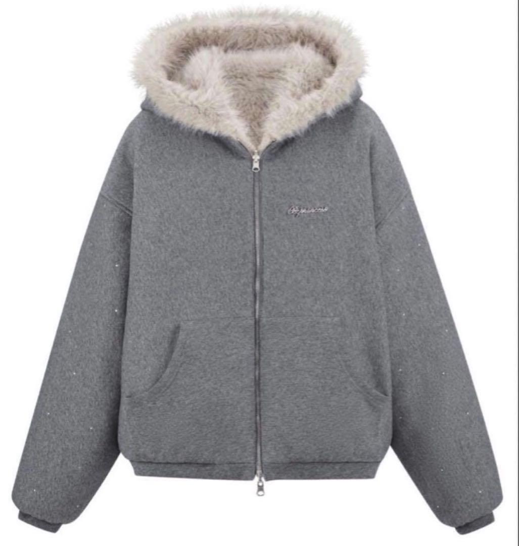 andwang Kirakira 2way fur zip up グレー