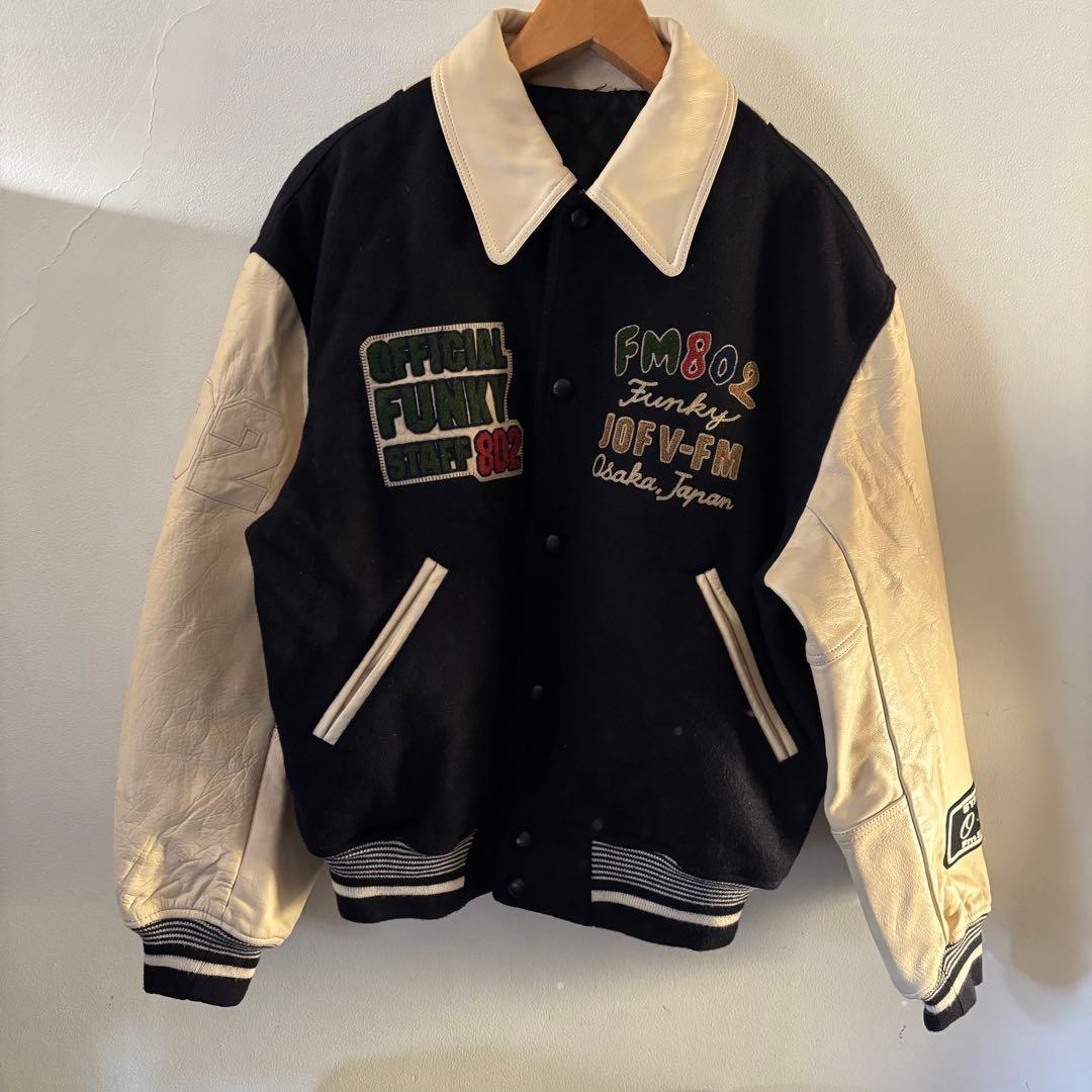 値下古着FM802 スタジャン　レザージャケットネイビークリーム