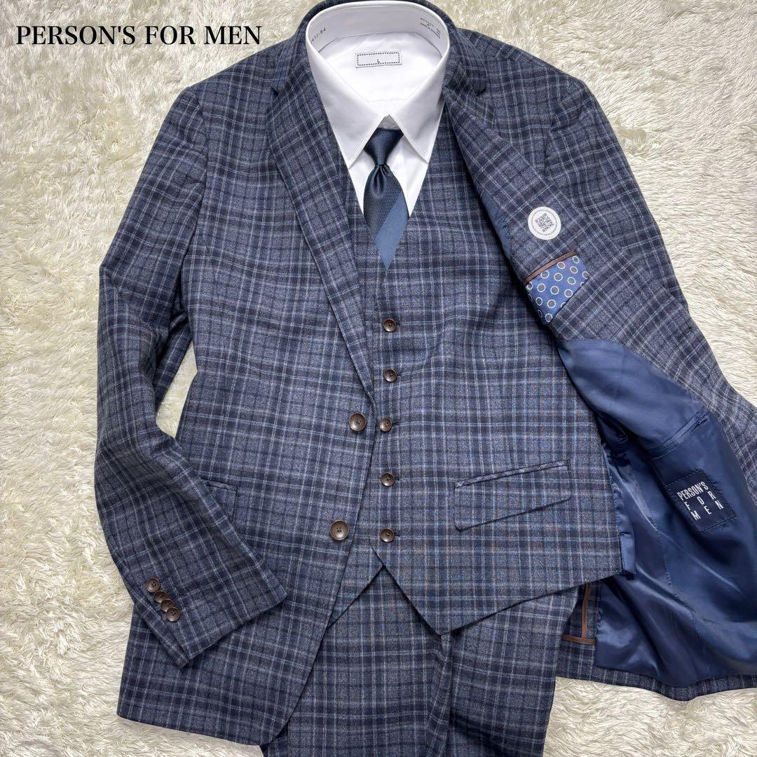 【美品】パーソンズフォーメン スーツ スリーピース チェック ネイビー A6