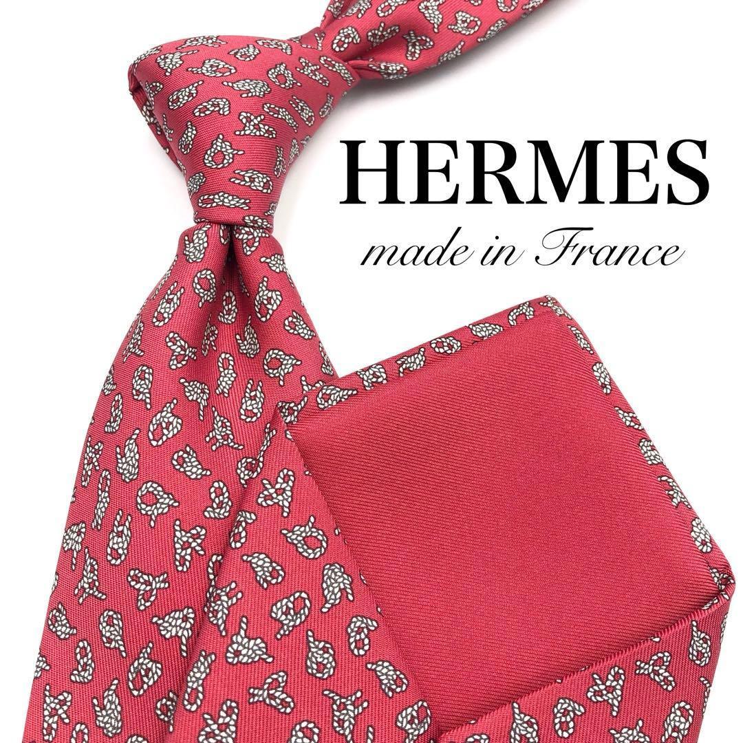 【極美品】HERMES ネクタイ ロープ柄 小紋柄 総柄 レッド 赤 白