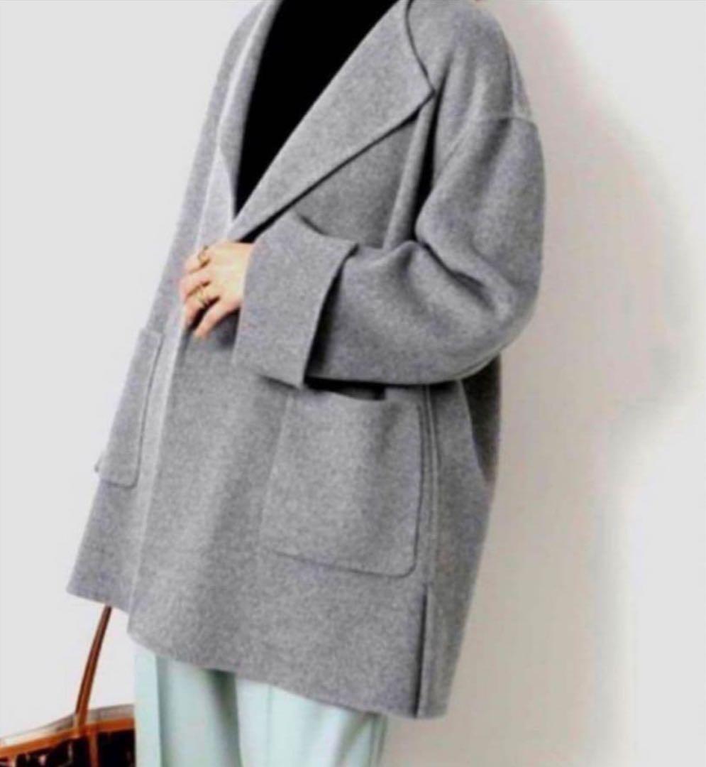 スピックアンドスパン ノーカラー リバーコート 美品 グレー ミドル丈