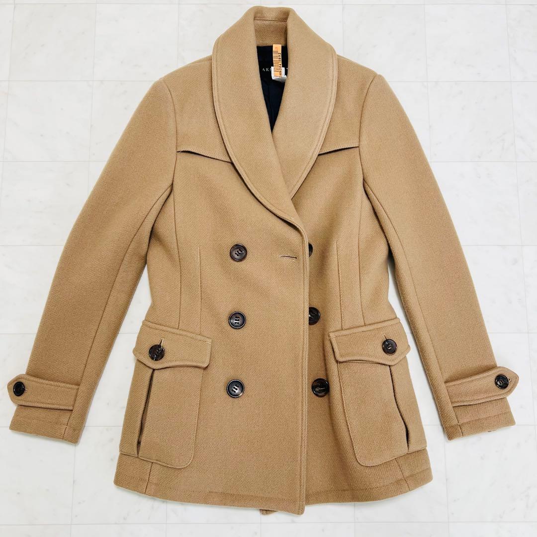 AKMエーケーエム　ダブルブレストメルトンコート　Pコート　ベージュウール
