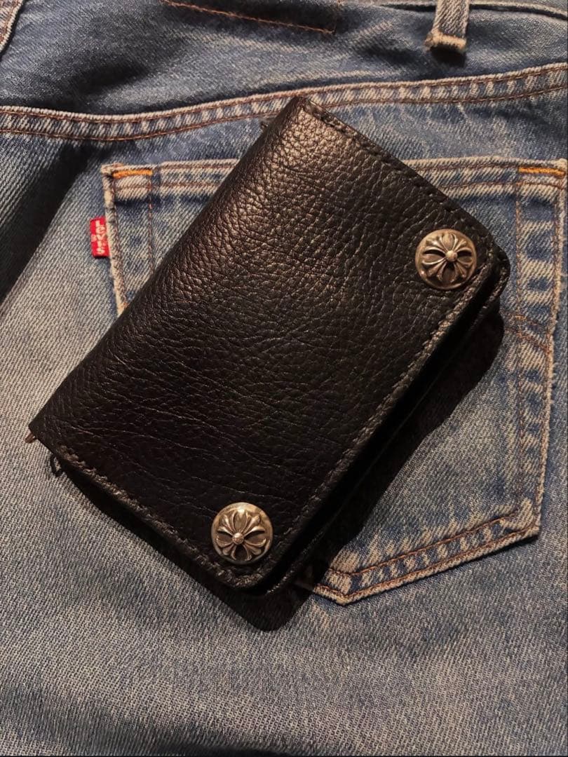 ミドル　トラッカーウォレット　シボ革　シルバー925クロスボールコンチョ