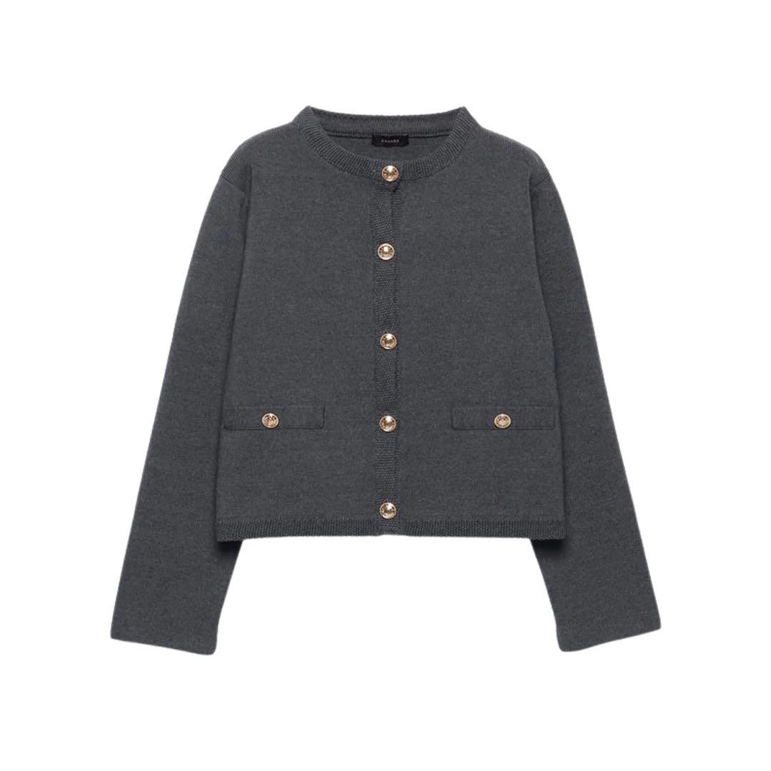 anuans オリジナルボタンノーカラーニットジャケット