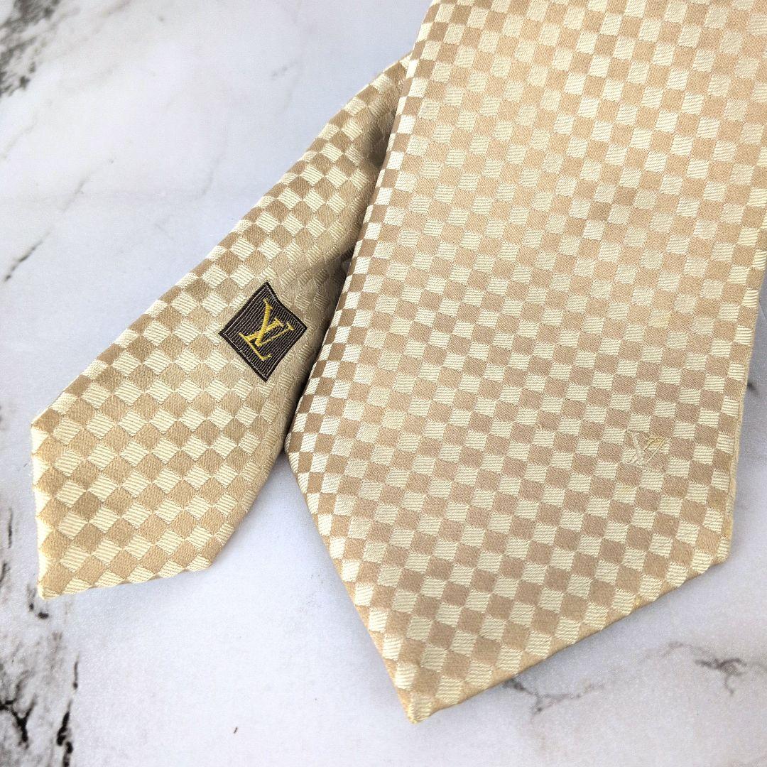 【極美品】ルイヴィトン☆ダミエ　LV刺繍　シャンパンゴールド　ネクタイ　メンズ