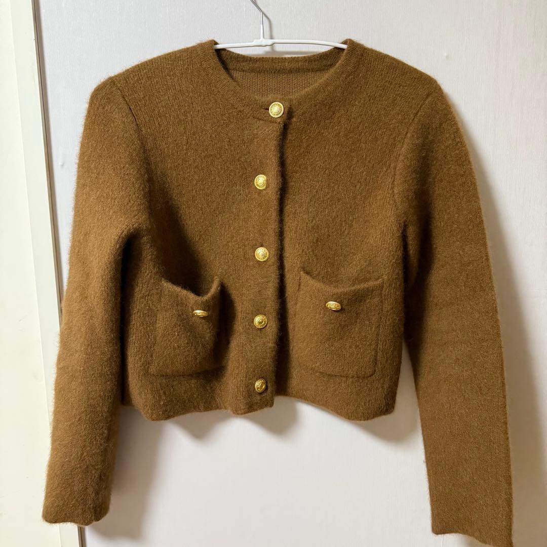 anuans ラクーンブレンドノーカラーニットジャケット キャメル