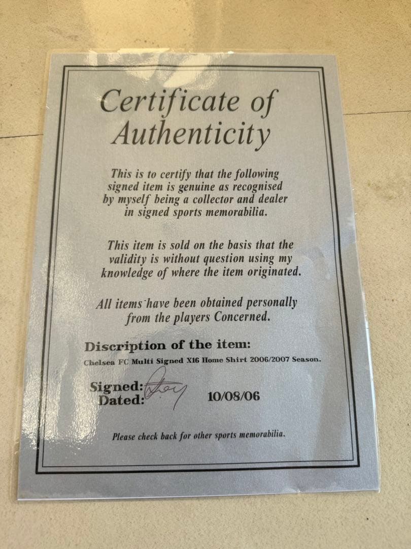 チェルシー　サイン入りユニホーム　証明書付き　モウリーニョドログバシェフチェンコ