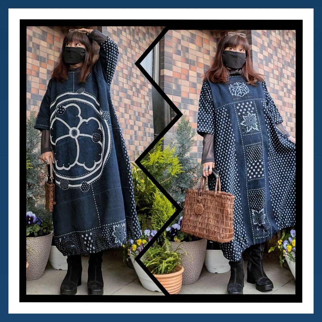 藍染家紋風呂敷♥古布リメイクワンピース　フォーウェイタイプ