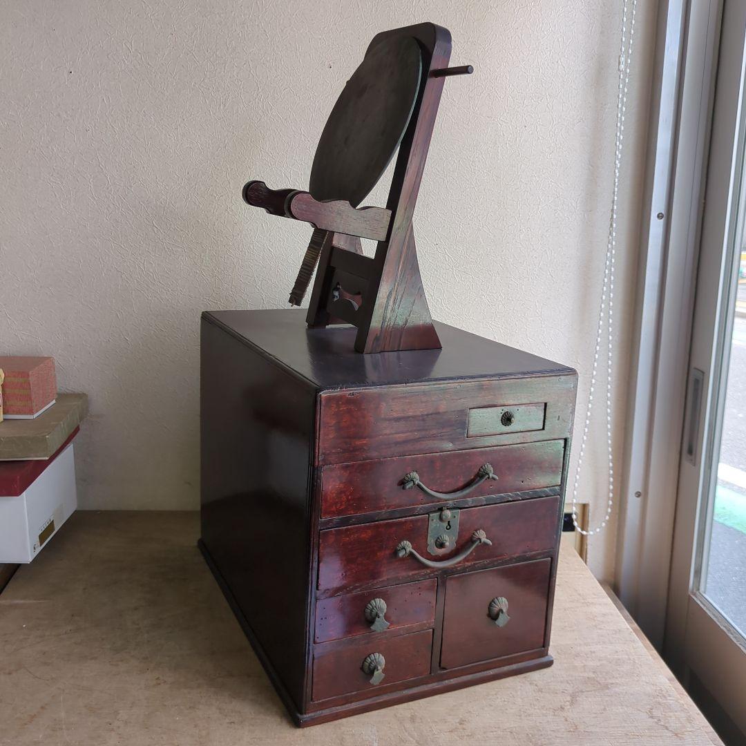 骨董 箪笥 鏡台 引き出し 木製 漆器 鏡立て 時代鏡付 整理箪笥 金具