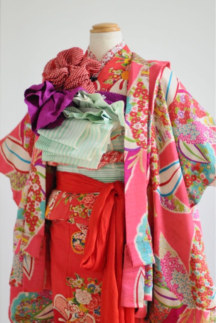 七五三 女の子 3歳 5歳 7歳 アンティーク 着物 羽織 正絹 ピンク