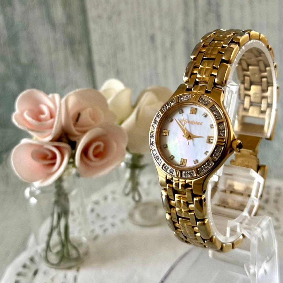 【希少】Yves Saint Laurent 腕時計 ストーンベゼル ゴールド