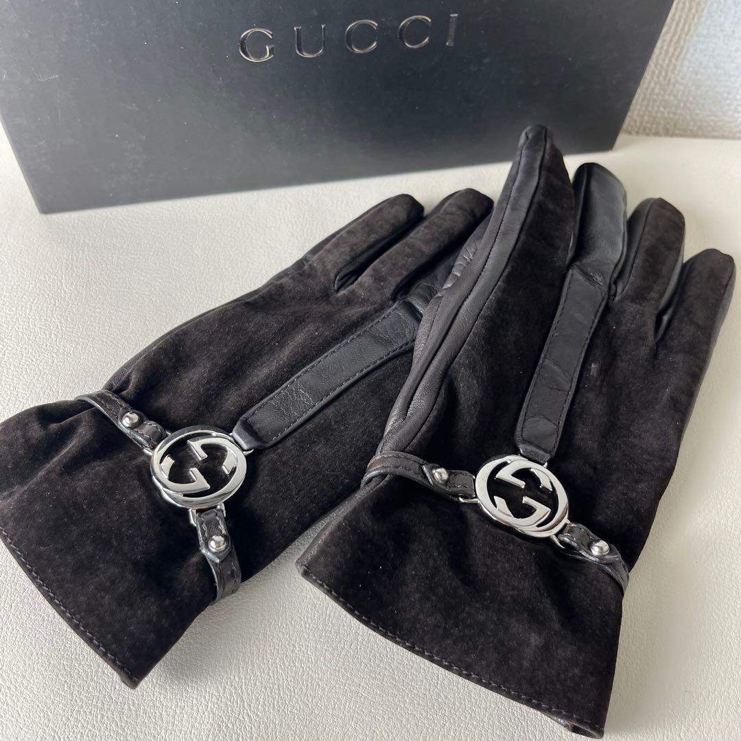 美品 GUCCI 手袋　グローブ　インターロッキング GG レザー　カシミヤ