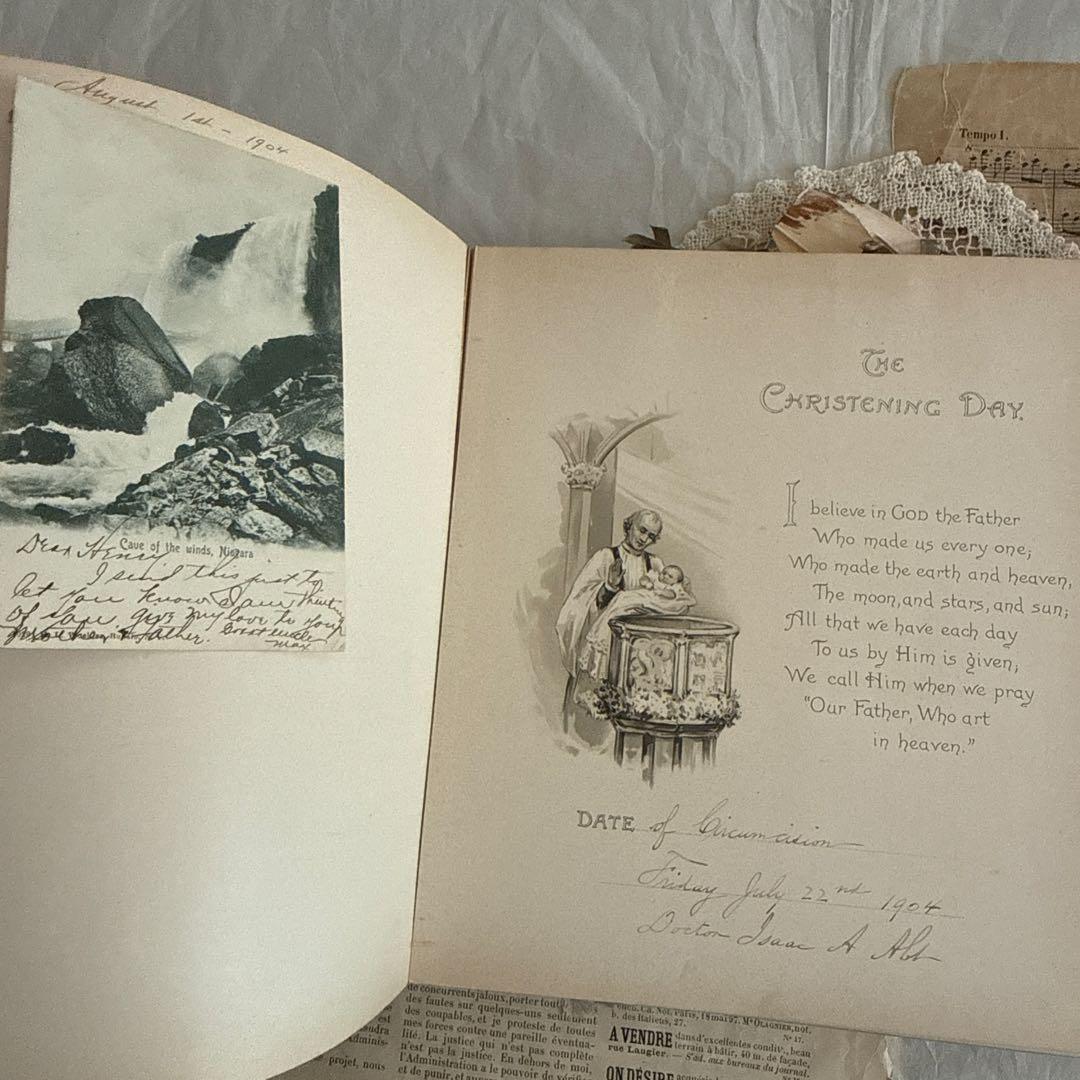 稀少1904年美しいアンティーク雑記帳ベビーアルバム洋書ジャンクジャーナル素材