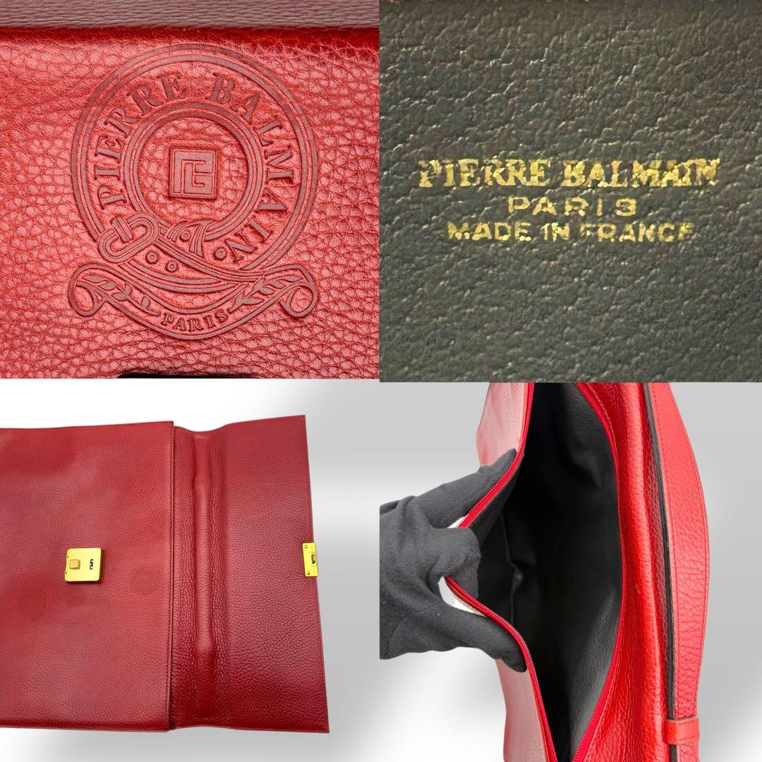 ピエールバルマン ブリーフケース レザー 赤 レッド 型押しロゴ フラップ A4