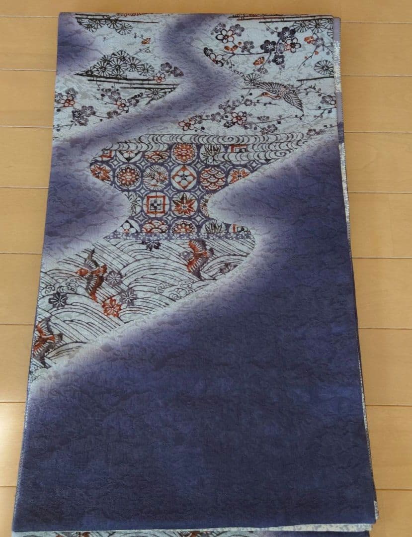 ひまわり【美品】高級　正絹　片面全通リバーシブル袋帯　型染め　紺藍色