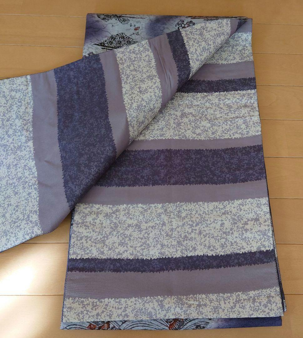 ひまわり【美品】高級　正絹　片面全通リバーシブル袋帯　型染め　紺藍色