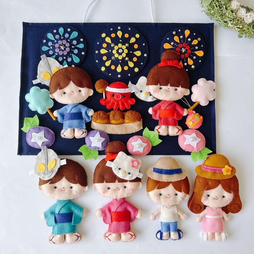 花火と夏祭りのマグネット式タペストリー【フェルトリース】