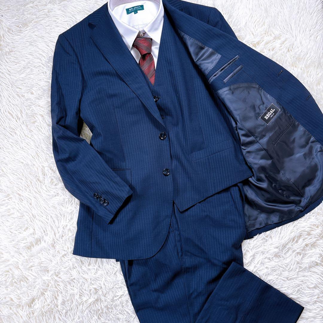 【AB6⭐️美品】リーガル　3ピーススーツセットアップ ストライプ　式　紺