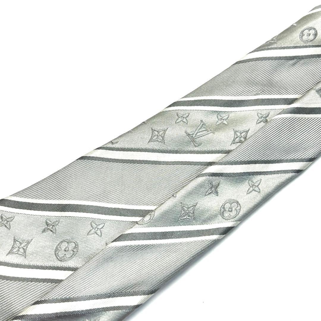 【美品✨】ルイヴィトン ネクタイ シルバー モノグラム レジメンタル 高級シルク