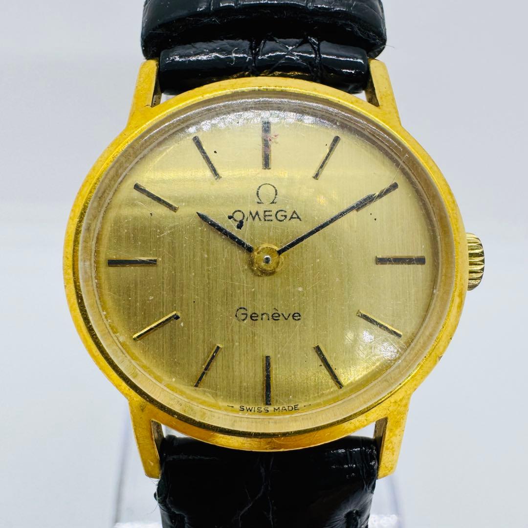 ✨OMEGA✨オメガ✨ジュネーブ✨ゴールド文字盤✨革レザー✨腕時計✨