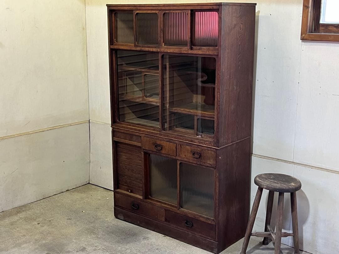B*♪様 昭和レトロ 木製食器棚 ガラス戸付き水屋箪笥