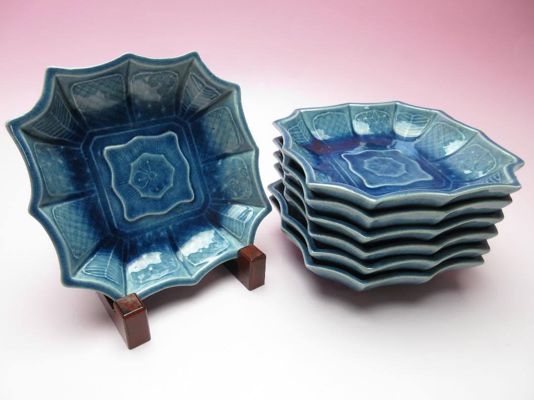 珉平焼 四方隅切皿 交趾陽刻 小皿 ７枚　70707