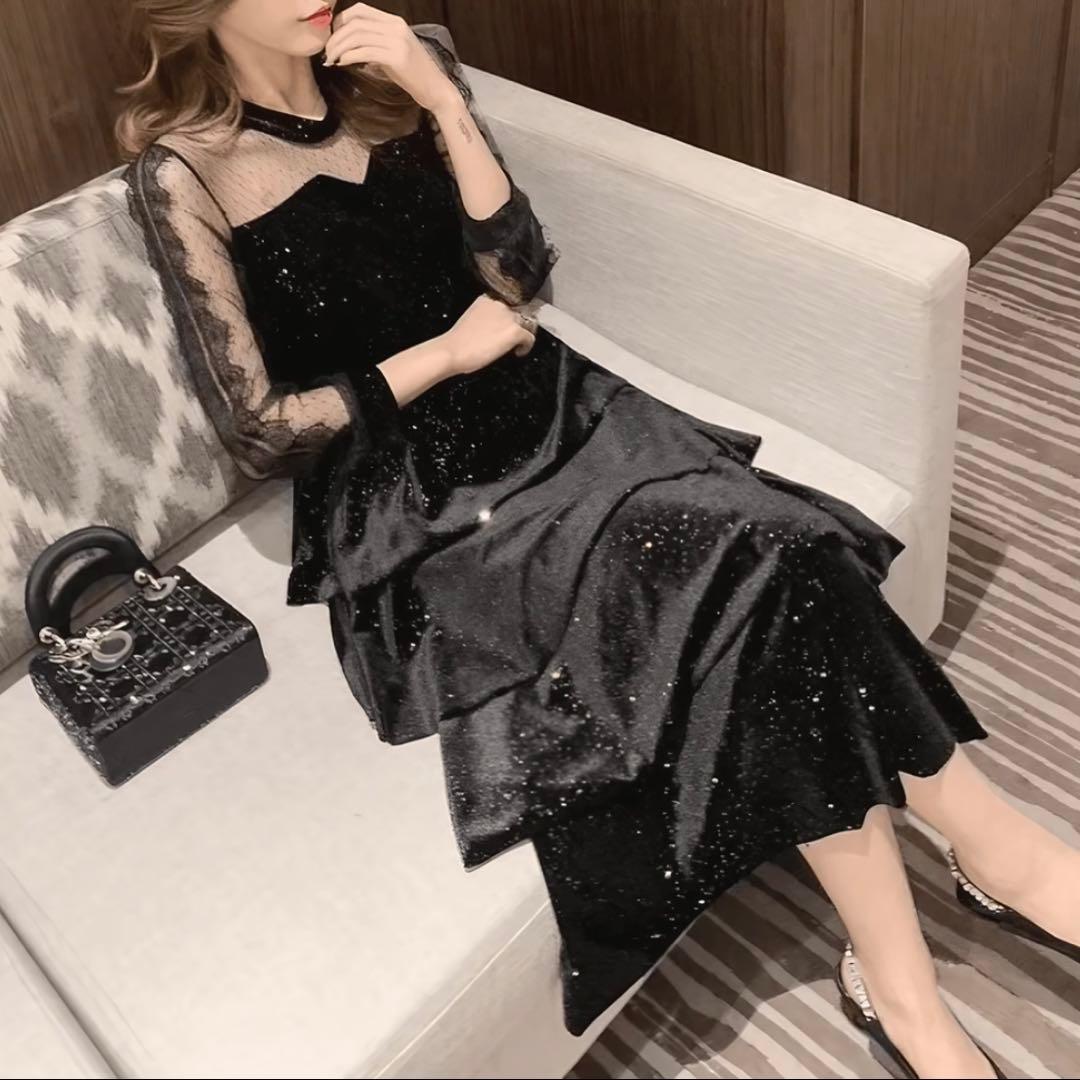 ベロア ロングワンピース 長袖 シースルー 結婚式 パーティードレス お呼ばれ