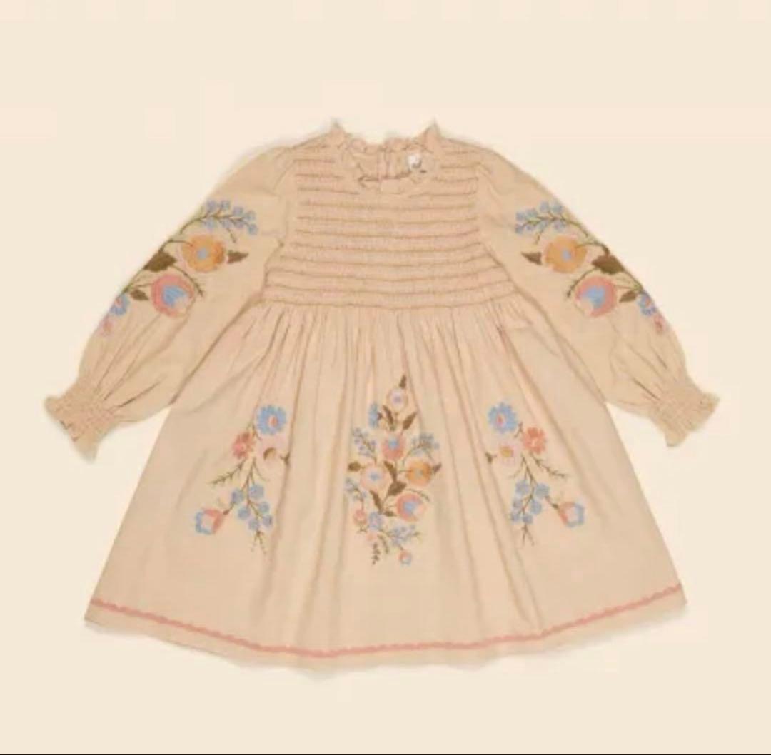 apolina mia dress 5-7 刺繍入りベージュ長袖ワンピース